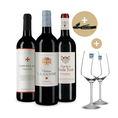Pomerol deluxe im Set: 3 Flaschen, 2 Weingläser + Kellnermesser